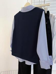 Resyla 2 件女士休闲/办公室通勤条纹印花长袖衬衫和背心套装，春秋