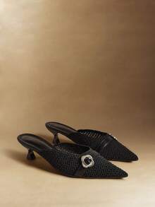 Rosivie Giày cao gót mũi nhọn thanh lịch có khóa cho nữ, thích hợp để đi làm - màu đen - Xem 2