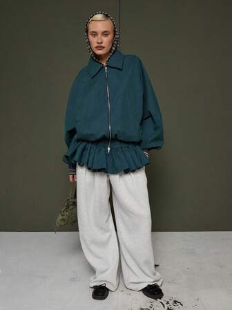 COUREZ Harrington Track Jacket With Frill Hem In Micro Check /Y2K Going Out Outfits Fall Women Clothes Winter Clothes For Women Club Outfits Outerwear AW Women Sexy Women's Winter Jacket Fall Winter NYE Occasion Sports