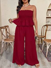 SHEIN Clasi 大码女式褶皱面料无肩带荷叶边阔腿裤两件套，度假风，春夏款 - 紅色 - 查看 4