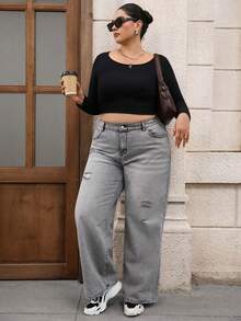 Enliva Jeans boyfriend déchiré gris droit grande taille décontracté - Gris - Voir 7