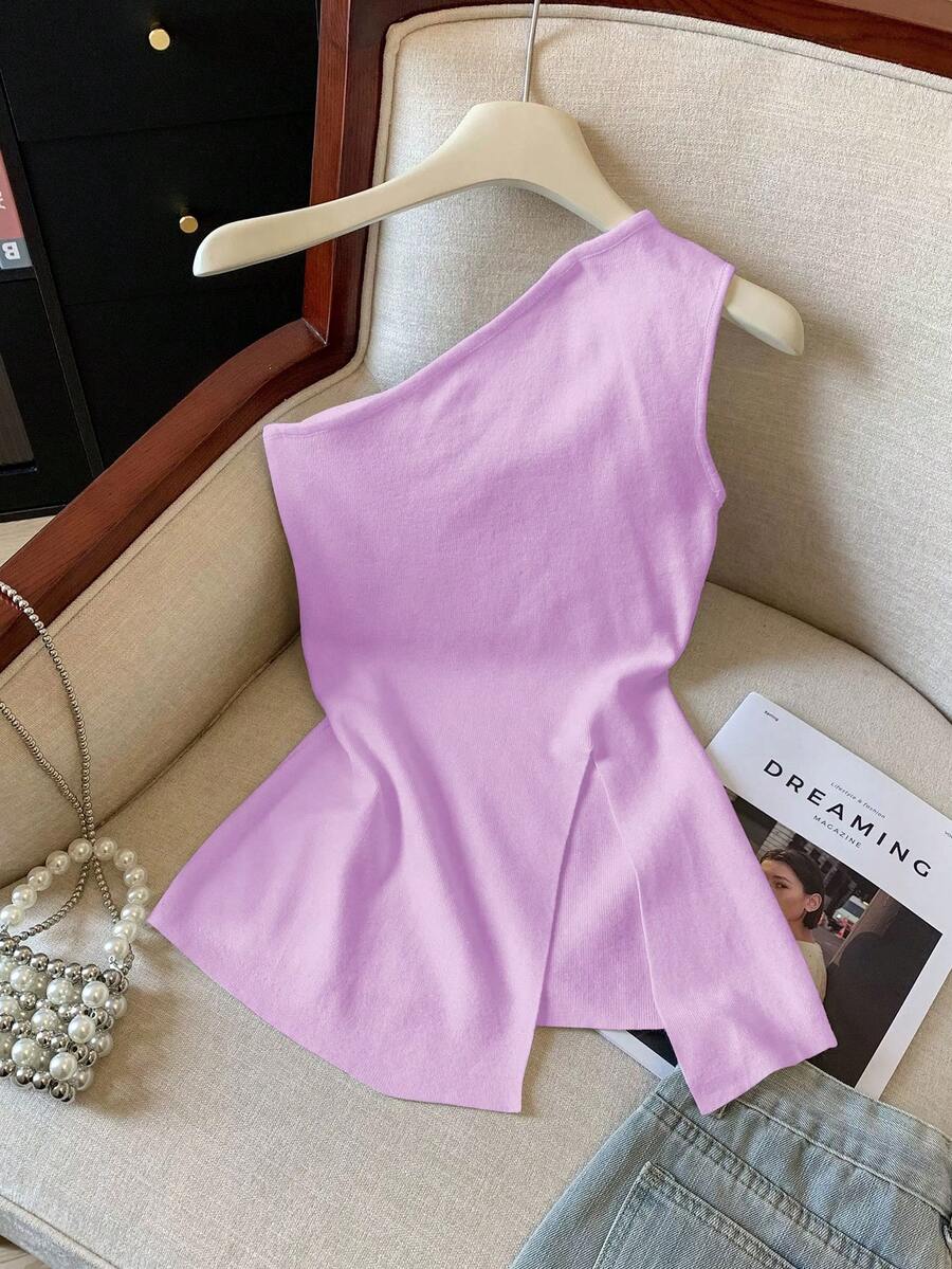 GlowEve Top sin mangas de unicolor con hombros oblicuos, versátil y de moda para el verano - Morado - Ver 1