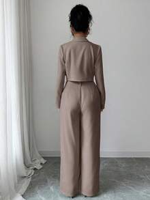 Elenzga 优雅休闲时尚办公通勤返校两件套，方领西装外套搭配宽松直筒裤，秋冬款 - 摩卡棕 - 查看 2