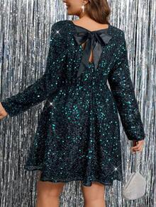 Reflora Plus Size Women Boat Neck Sequin Bowknot Back Decor Dress, Fashionable For Daily Wear And Party - Dark Green - View 2