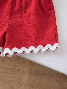 Elladie kids 两件套女童纹理面料撞色下摆无袖上衣和休闲短裤套装 - 紅色 - 查看 8