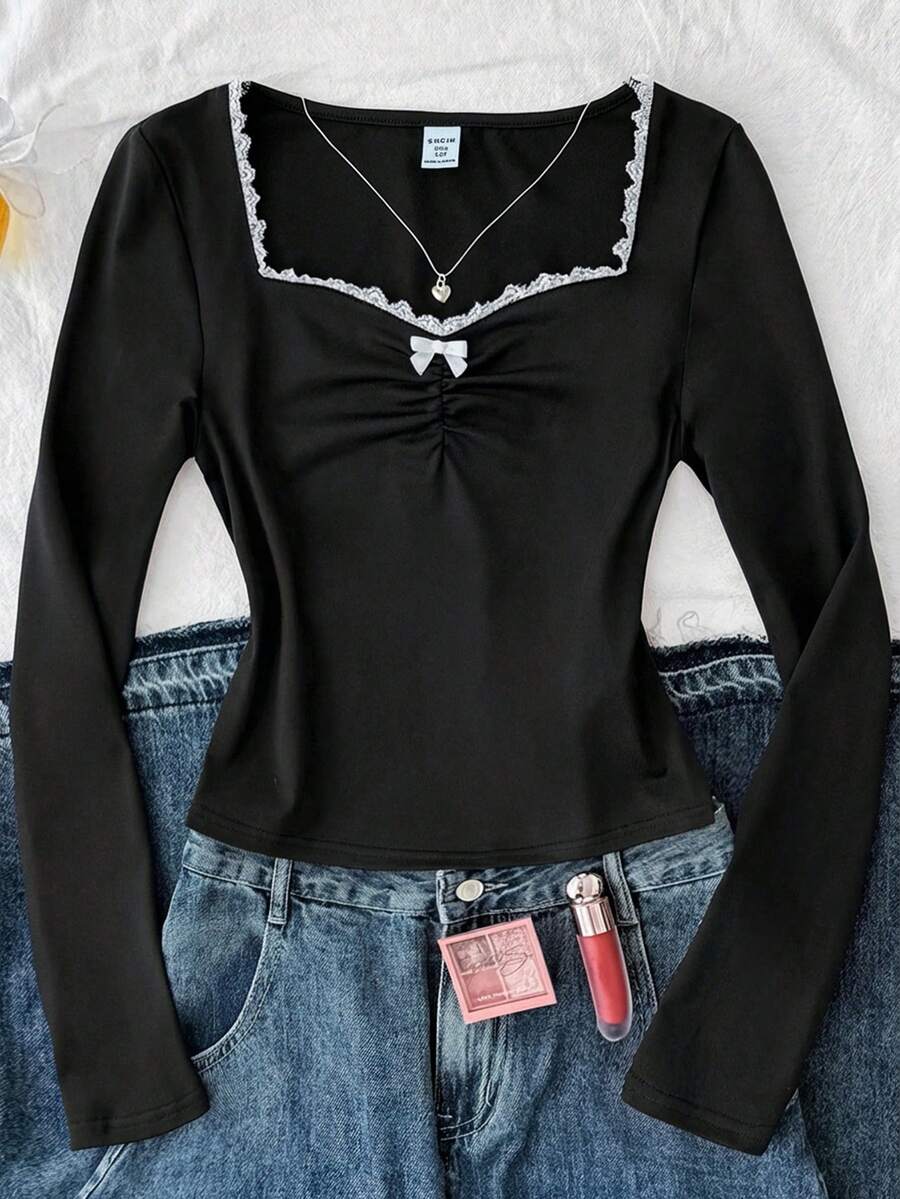 Áo thun dài tay dáng ôm, phối ren, cổ tròn, màu đen cho bé gái tuổi teen - màu đen - Xem 1