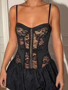 Glamine Charm Relinas Women's Elegant Sleeveless Black Sexy Sheer Lace Bodysuit With Front Center Button-Down Fit And Underwire Black Romper Women - Black - View 6