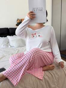 SHEIN 大码女式可爱猫咪印花不对称肩长袖睡衣套装，冬季服装 - 白色 - 查看 5