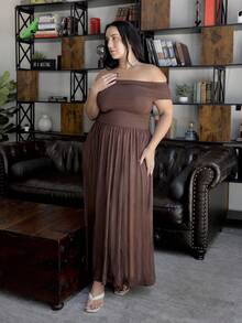 Truni 大码女式优雅超级百搭弹力面料黑色或日常穿着、派对、露肩、大码女式、A 级连衣裙、女士生日连衣裙 - 咖啡棕 - 查看 6