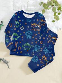 两件套幼儿男童彩色恐龙机器人印花夜光针织弹力柔软睡衣套装，长袖上衣和裤子，藏蓝色