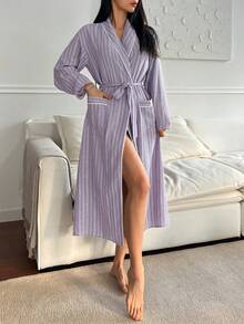 DAZY Casual Striped Shawl Neck Button-Front Long Women Robe - Purple - View 6