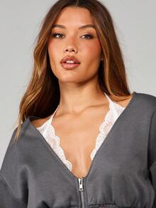 MISSGUIDED Brushback Zip Up Cropped Sweatshirt With Lace Bralette Detail Long Sleeve Fall Winter Comfort Pullover Top - Grey - View 5