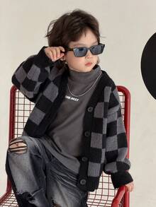 DAZY Young Boy Fashionable Street Style Checkered Pattern Dropped Shoulder Loose Button-Up Cardigan, Autumn/Winter - Black - View 2