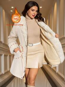 SHEIN Clasi Curve Plus Size Women's Winter Elegant Hiking PU Windbreaker,Pink And Grey Plush Coat,Heated Fur Collar,Hooded Drawstring Cinched Waist Thermal Parka - Apricot - View 8