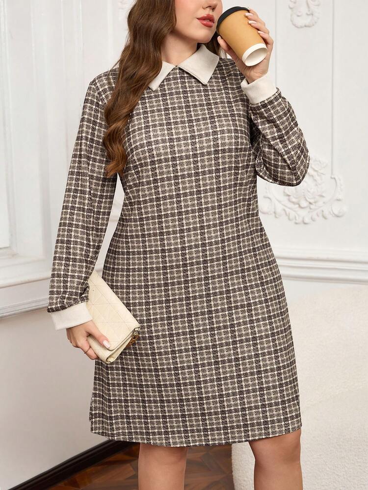 Plus Size Plaid Print 2 In 1 Elegant Casual Dress For Women,Brown Autumn Office Back-To-School Wear,Simple Fashionable Spring Winter Clothes Outfit