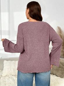 SHEIN Frenchy Plus Size Solid Color Deep V-Neck Faux Pearl Front Button Elegant Long Sleeve Jacket/Winter - Red Violet - View 2