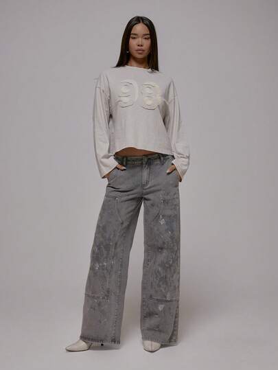 MUSERA 直筒工装牛仔裤，泼墨细节，秋冬街头风，酷女孩Y2K日常休闲风，复古棕褐色