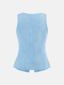 SHEIN Tween Girl Casual Elegant Commute Street Chic Jacquard Striped Button Front Sleeveless Top And Straight Leg Pants Set - Baby Blue - View 5