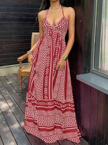 SHEIN Unity Pink Digital Print Fitted Waist Backless Halter Neck Vacation Style French V-Neck Dress - Multicolor - View 6