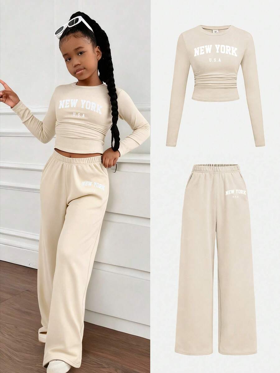 SHEIN Tween Girls Versatile Butterfly Pattern Long Sleeve Top And Pants 2 Pieces Set, Light Grey - Khaki - View 1