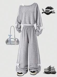 SHEIN ChillGRL 2件套少女宽松不对称肩部撞色印花长袖上衣和阔腿裤套装，休闲百搭，适合日常、通勤、度假、聚会、街头风，秋冬季穿着。 - 灰色 - 查看 4