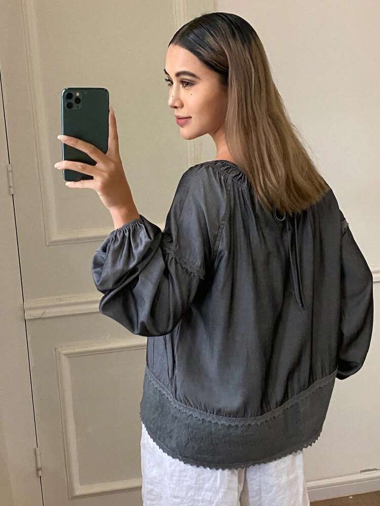 Patchwork Lace Ruched Tie Loose Pullover Long Sleeve Elegant Resort Blouse For Women, Spring/Autumn