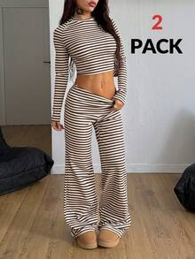 Coolane 女士秋冬街头风外出复古条纹图案弹力舒适长袖插肩T恤和小号喇叭裤两件套 - 彩色 - 查看 1