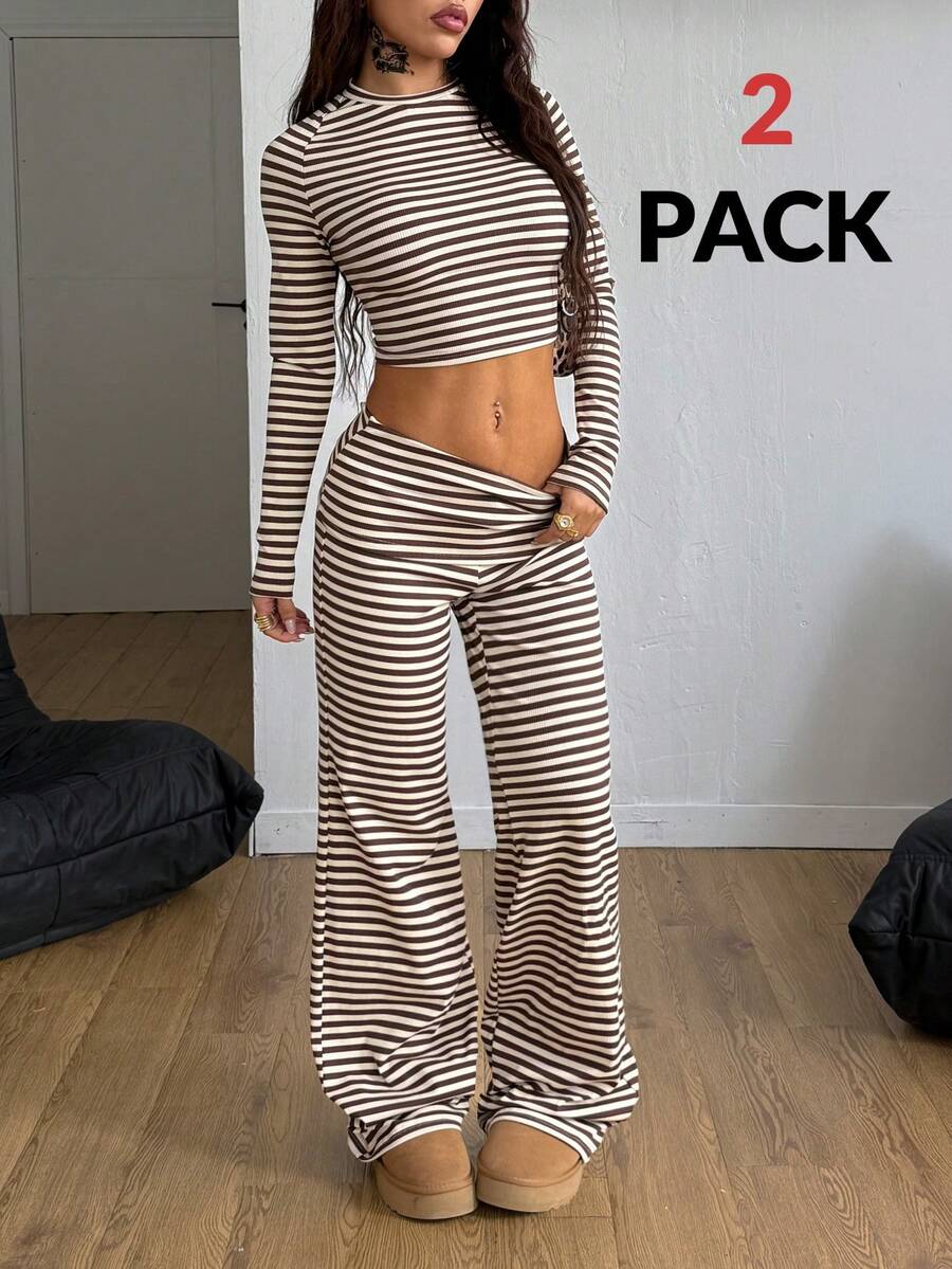 Coolane 女士秋冬街头风外出复古条纹图案弹力舒适长袖插肩T恤和小号喇叭裤两件套 - 彩色 - 查看 1