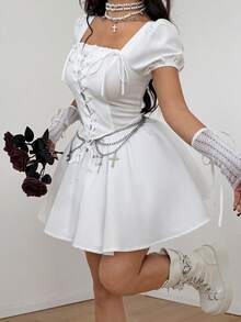 Coolane 女士秋冬音乐会服装 锐舞派对服装 节日外出锐舞服装 文艺复兴集市哥特风 Y2K 泡泡袖白色迷你连衣裙 - 白色 - 查看 4