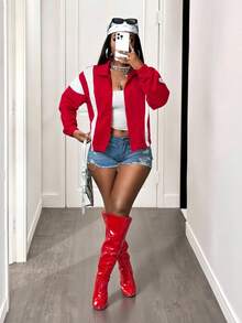 BamGleam Women's Casual Red And White Short Coat With Random Print And Zipper Details Woven Fabric Collar - Red and White - View 3