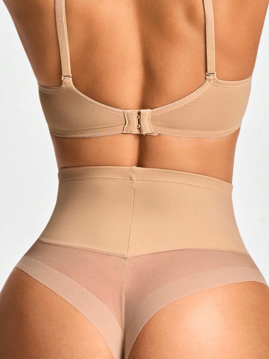 SHAPORA Women Solid Color Mesh Splice High Waist Shapewear - Apricot - View 1