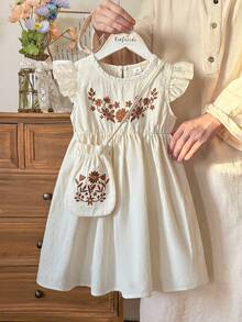 SHEIN Vintaside Kids Young Girl Round Neck Botanical Floral Embroidery Ruffle Cap Sleeve Casual Dress,Blue Butterfly,Summer,Matching,Family Vacation,Vintage Cotton Ivory - Apricot - View 7
