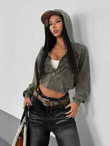 StreetHx Women's Y2K Style Gothic Retro Distressed Loose Sweatshirt, Streetwear For Autumn/Winter - Army Green - View 4