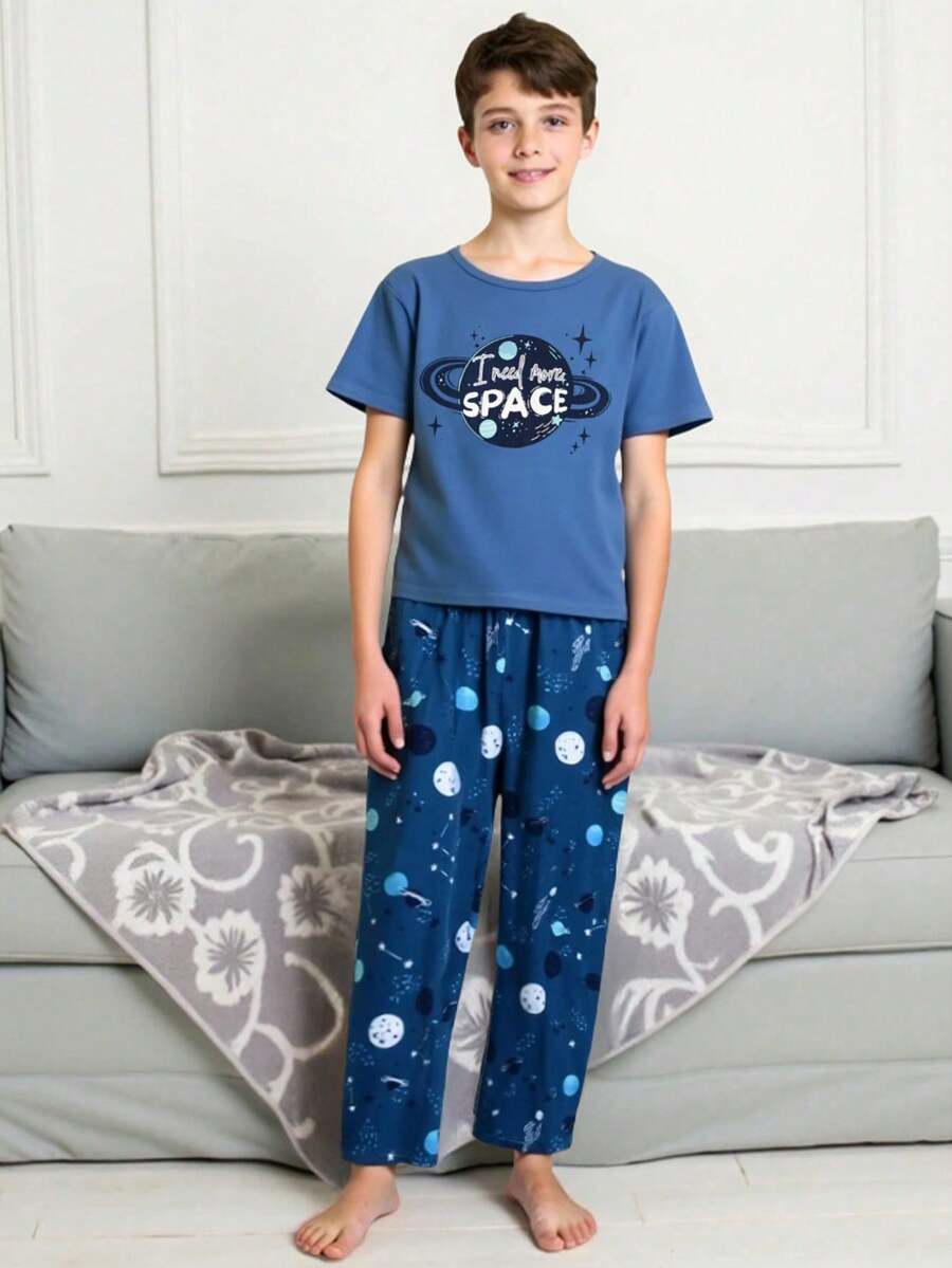 少年歲月男童太空元素印花睡衣套裝 - 寶藍色 - 查看 1