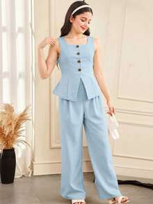 SHEIN Tween Girl Casual Elegant Commute Street Chic Jacquard Striped Button Front Sleeveless Top And Straight Leg Pants Set - Baby Blue - View 4