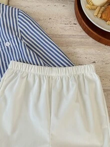 Bộ 2 áo thun kẻ sọc dệt đơn giản và quần short màu trơn cho bé trai - Nhiều màu - Xem 6