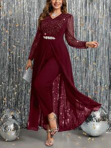 Ellevyn Plus Size Women's Elegant V-Neck Patchwork Sheer Mesh Long Sleeve Rhinestone Decor Cinched Waist Overlay Jumpsuit