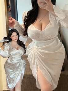 Flirla 复古蓝白提花方领不对称褶皱收腰时尚连衣裙，女士款 - 白色 - 查看 1