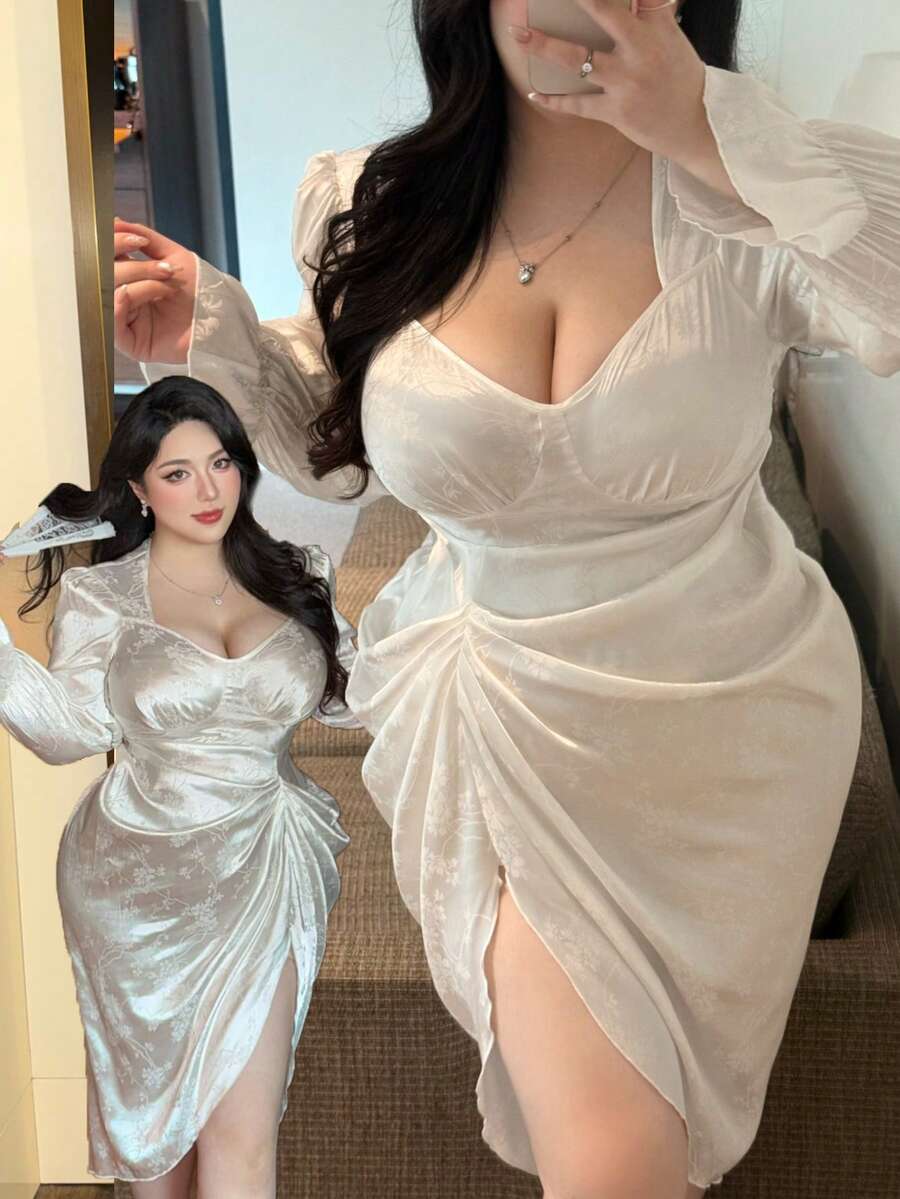 Flirla 复古蓝白提花方领不对称褶皱收腰时尚连衣裙，女士款 - 白色 - 查看 1