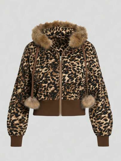 J-Fashion Sudadera de talla grande con estampado de leopardo y cintura ceñida para mujeres