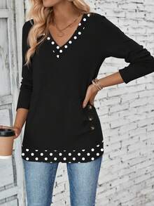 EMERY ROSE Camiseta de manga larga con cuello en V y estampado de lunares, talla grande para mujer, nueva llegada para primavera/otoño - Negro - Ver 3
