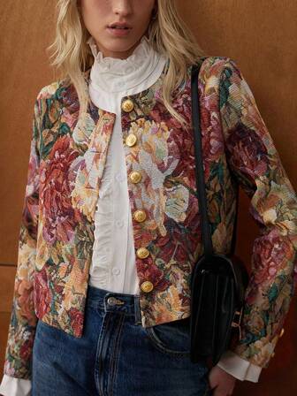 Écloséra Women's Retro Vintage Palace Rose Jacquard Metal Single-Breasted Cropped Jacket