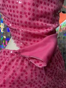 Conjunto de 2 piezas de top halter asimétrico de lentejuela de unicolor y minifalda sexy - Rosa - Ver 2