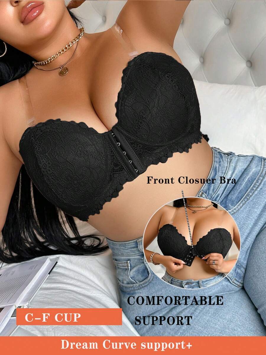 1pc Front Hook Closure Lace Plus Size Underwired Bra Lingerie - Black - View 1