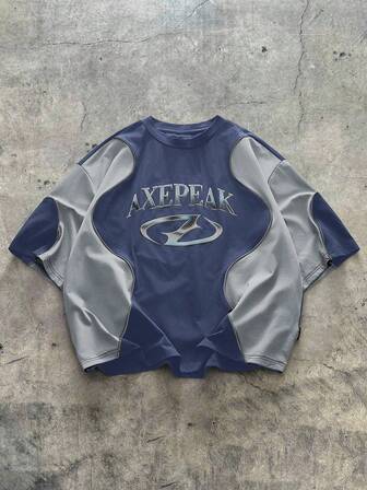 AXEPEAK 男士宽松撞色拼接短袖立领T恤