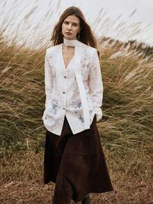 Florisole Áo khoác blazer nữ thêu ren phong cách Bohemian thường ngày có cà vạt đính cườm, phù hợp cho mùa xuân, hè, thu - Màu be - Xem 3