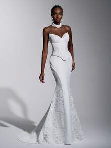 Elitara Elegant Luxury Romantic French Embroidery Bone Line Pearl Lace Off-Shoulder Cat-Shaped Bust, Sheer Side Panel, Fishtail Hem Women's Wedding Dress, Formal Gown, Evening Dress