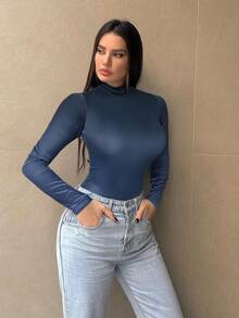 SHEIN Essnce Body de manga larga con cuello Mao y efecto degradado para mujer - Azul Marino - Ver 4