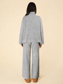 Coeurva Women's Solid Color Zipper Half Placket Dropped Shoulder Long Sleeve Sweater And Knitted Pants Casual Set, Autumn/Winter - Grey - View 3