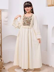 Tween Girl Elegant Round Neck Solid Color Patchwork Pattern Tassel Decor Dress,Kids - Apricot - View 6